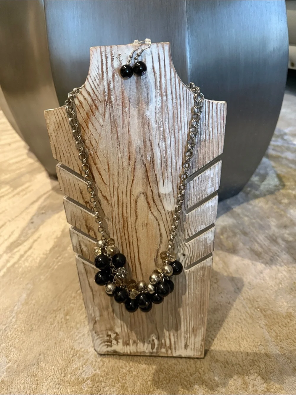 Classic Black Beaded Statement Necklace and Earrings - Unbranded